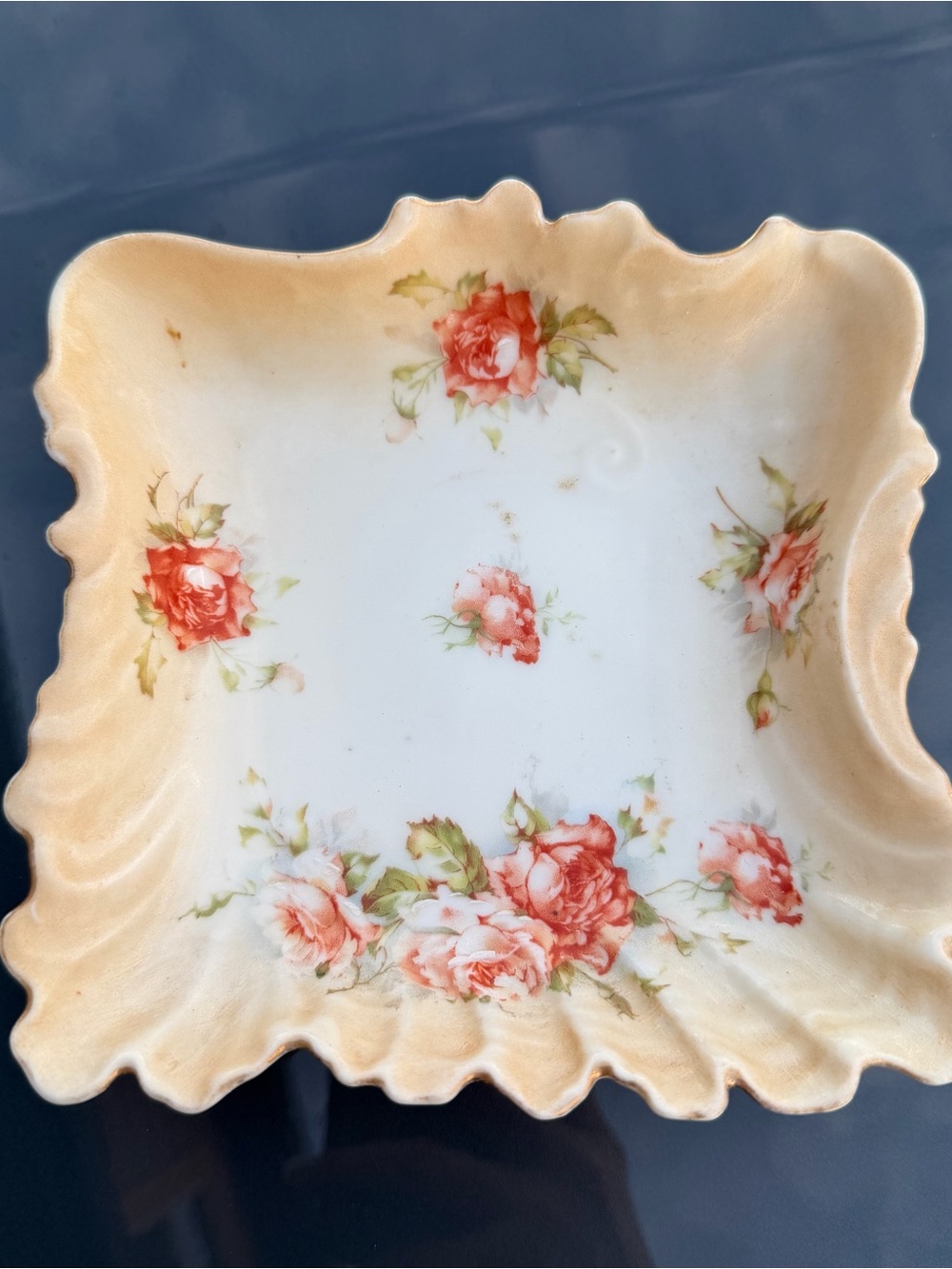 Antique ROYAL WORCESTER Blush Ivory Square Trinket Dish Fluted Edge Floral